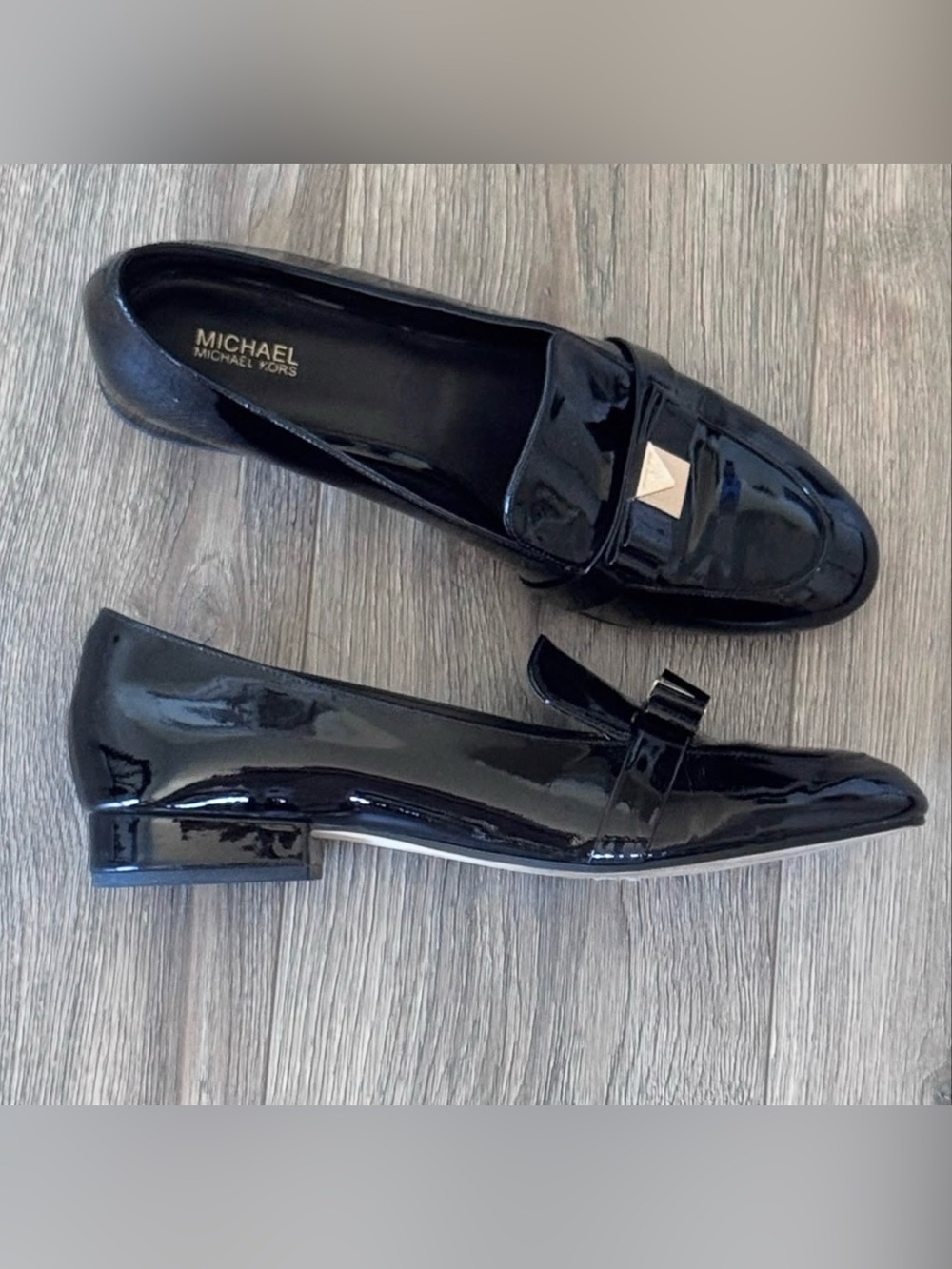 MICHAEL KORS Black Patent Loafers with Gold Accents